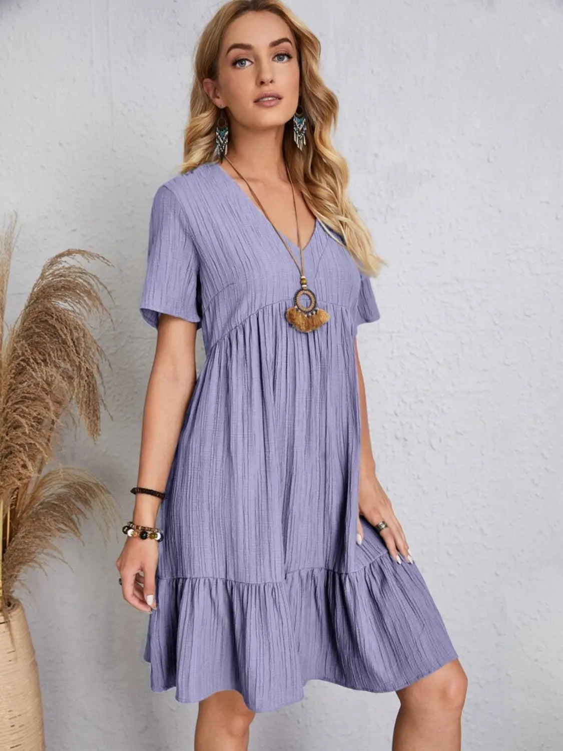 Boho Textured V-Neck Short Sleeve Babydoll Dress