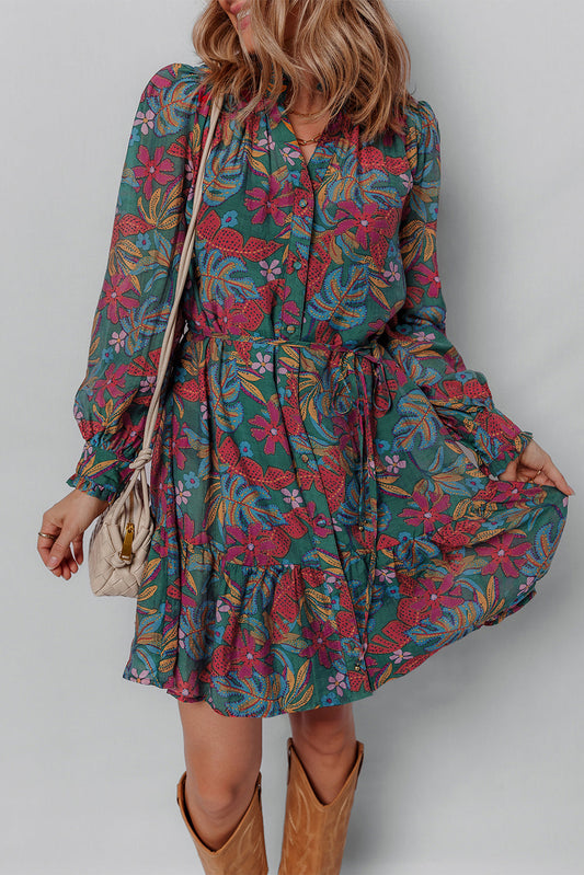 Maria Floral V Neck Puff Sleeve Dress