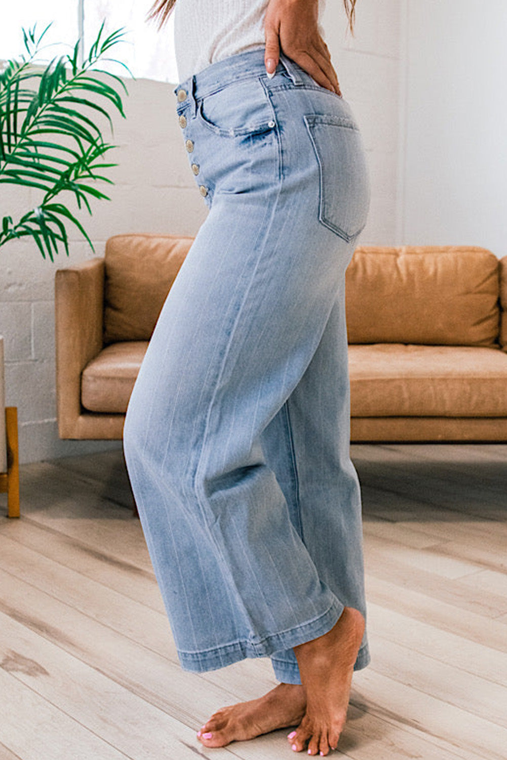 Beau Blue Wide Leg Jeans With Multiple Button Details