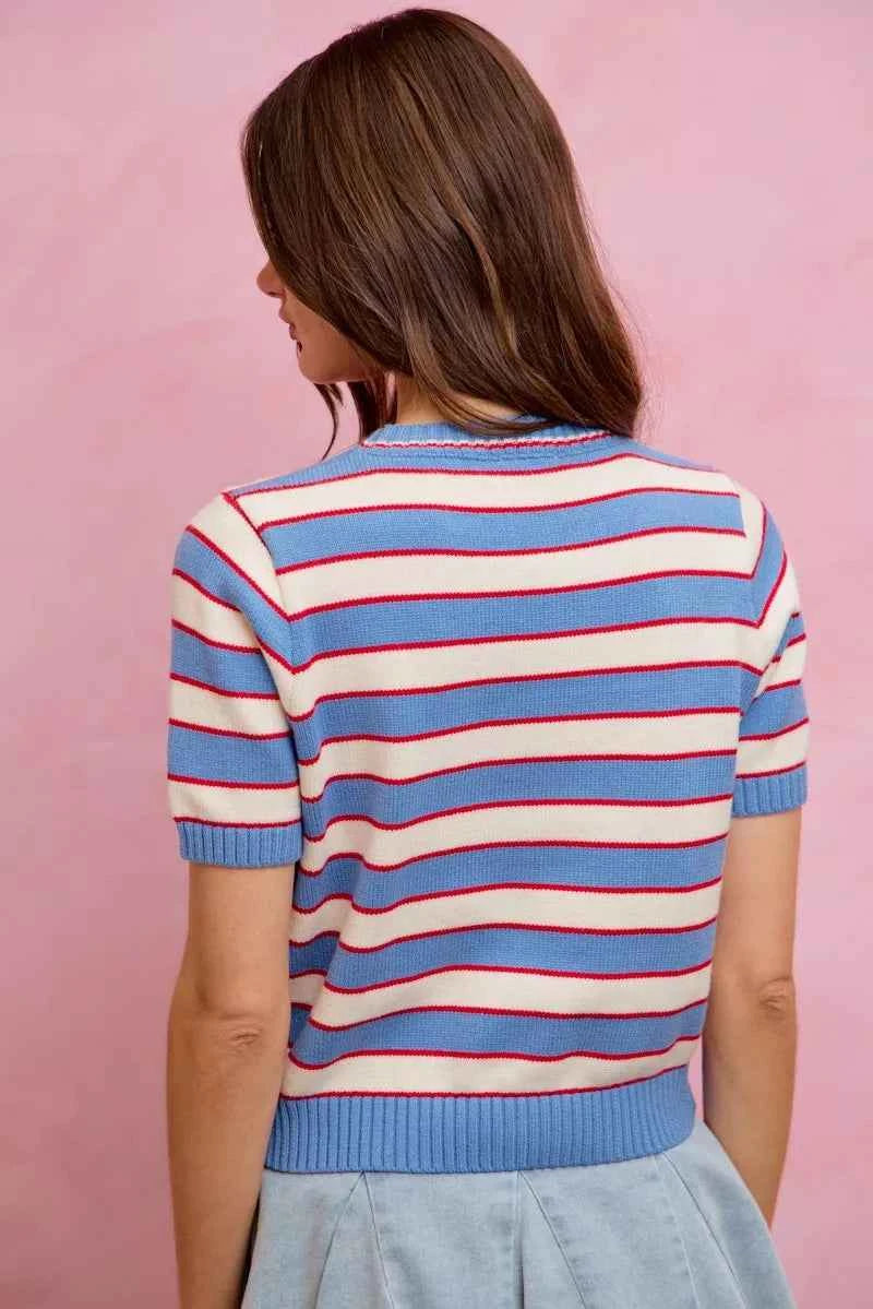Blue Stripe Knit Crew Neck Short Sleeve Sweater Top by SO ME