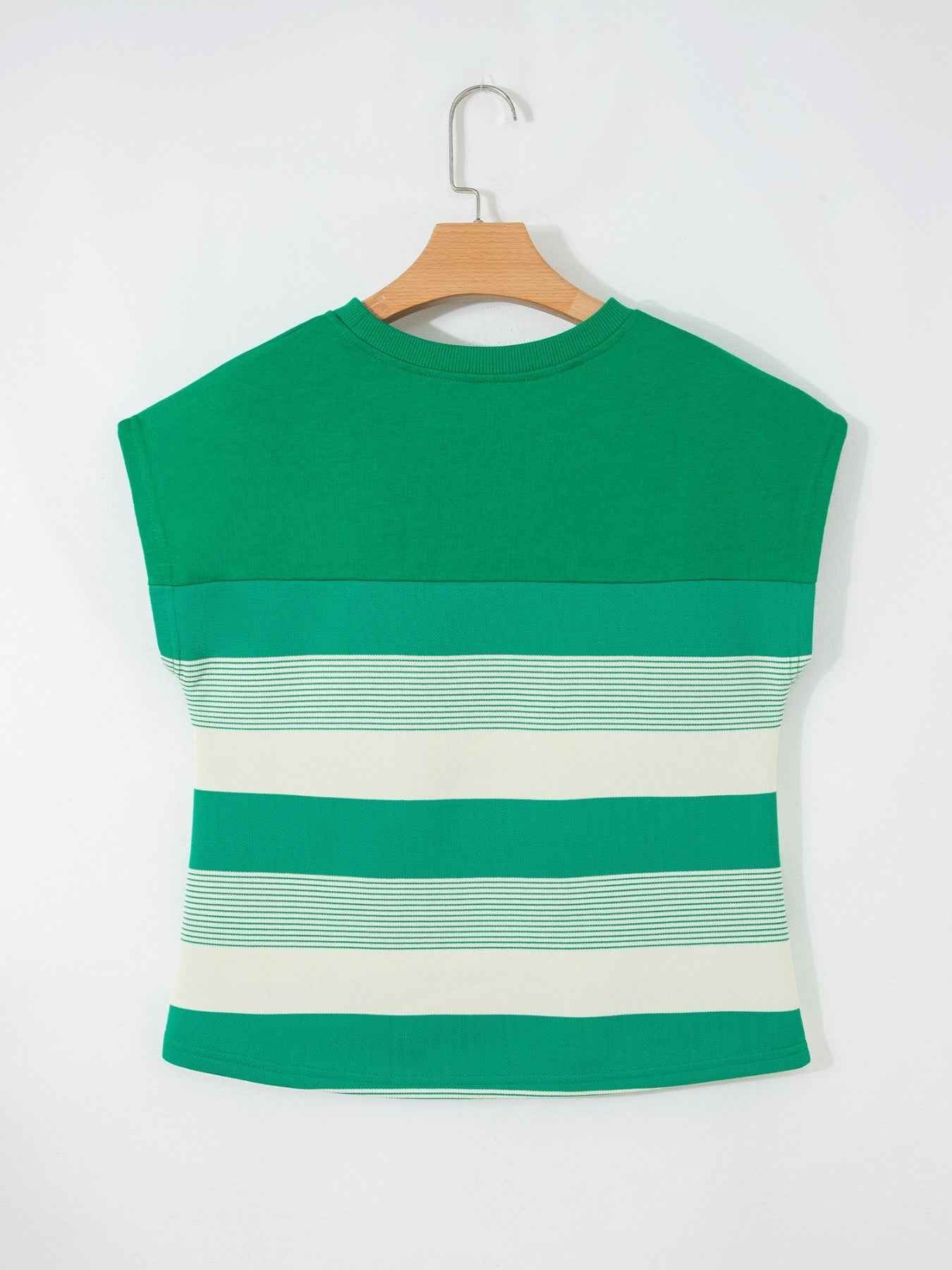 Stripe Mixed Print Crew Neck Cap Sleeve T Shirt