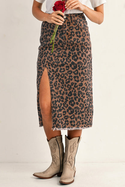 Brown Leopard Frayed Split Denim Midi Skirt With Pockets
