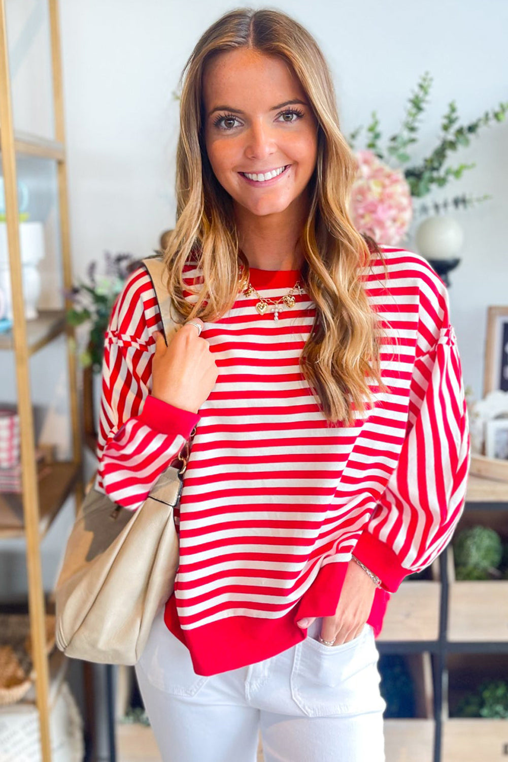 Red Striped Exposed Seam Drop Shoulder Long Sleeve Top