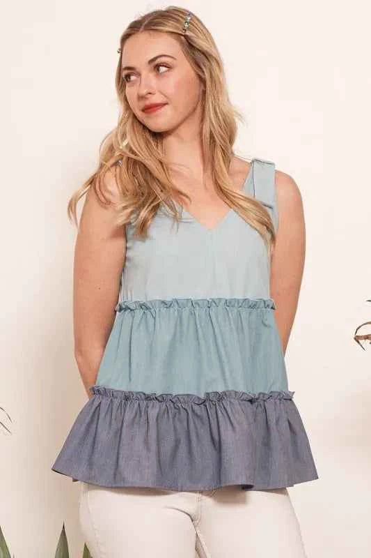 Lime 'N' Chili Full Size Color Block V-Neck Baby Doll Sleeveless Top Plus Size