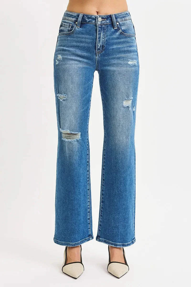 Plus Size High Rise Ankle Straight Distressed RISEN Jeans