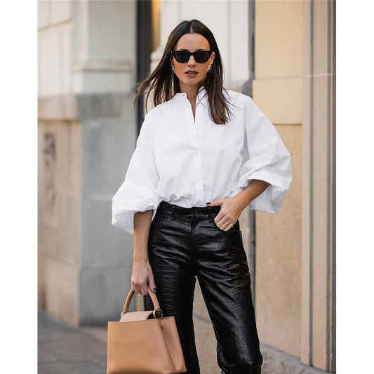 Stylish Commute Shirt with Minimalist Design, Stand Collar, Lantern Sleeves, and Pure Cotton Fabric