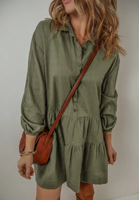 Tiered Collared Neck Balloon Sleeve Dress