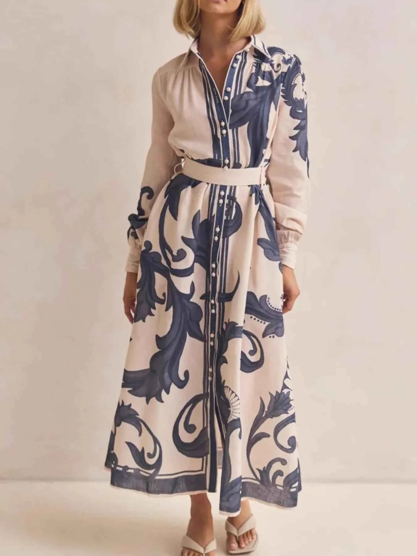 Printed Button Down Belted Shirt Dress