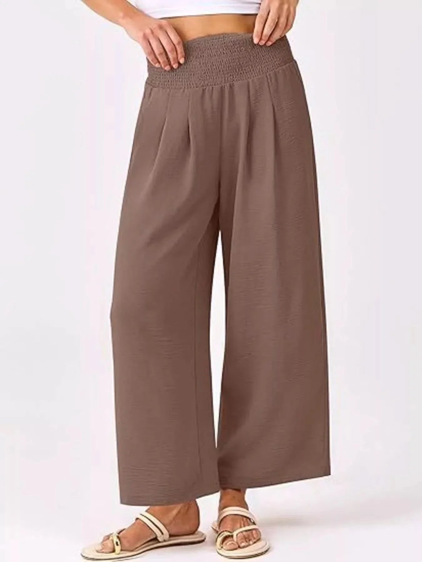 Wide Leg Smocked High Waist Pants With Pockets Polyester