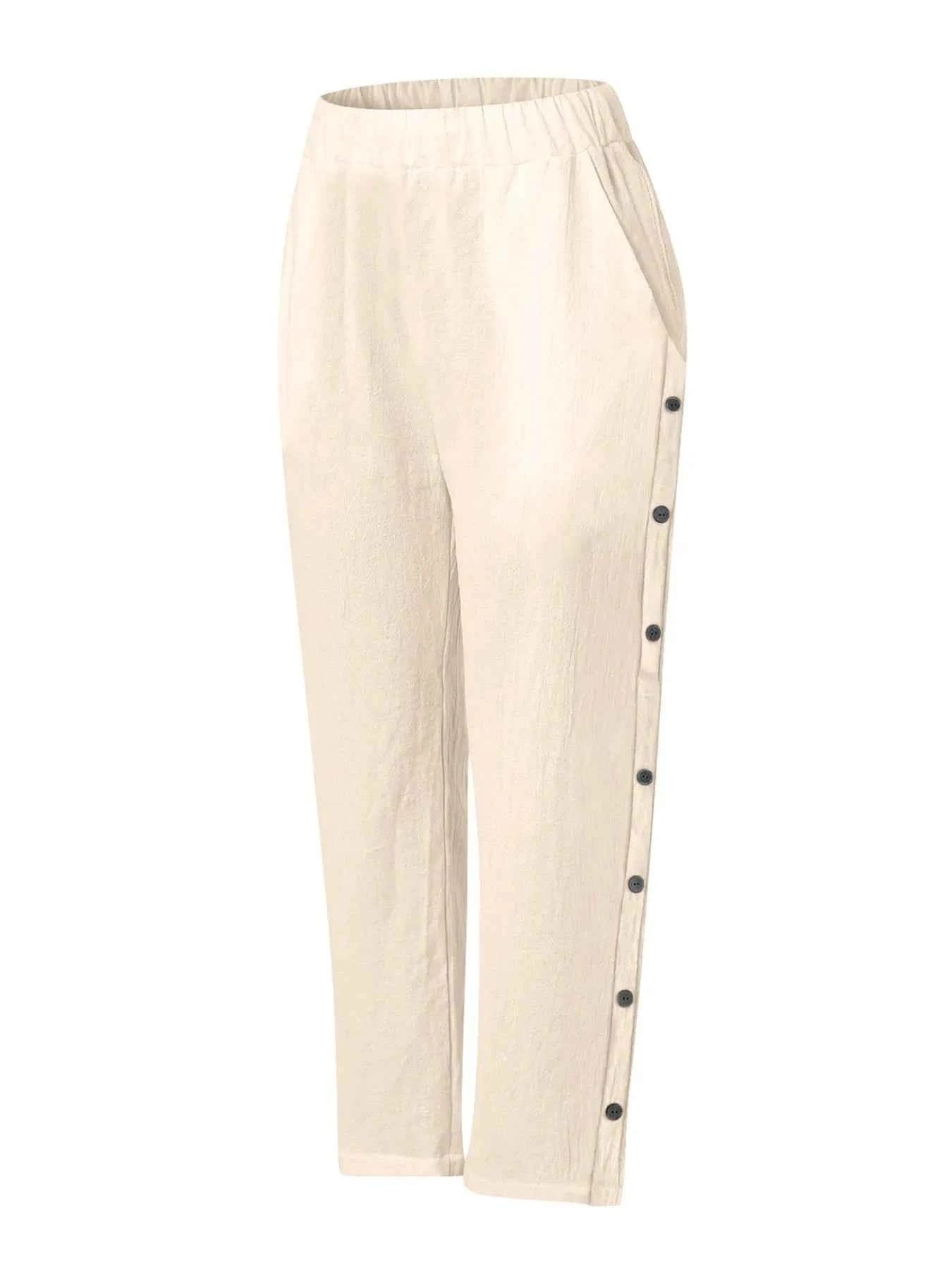 Full Size Side Decor Button Casual Wide Leg Pants Plus Size