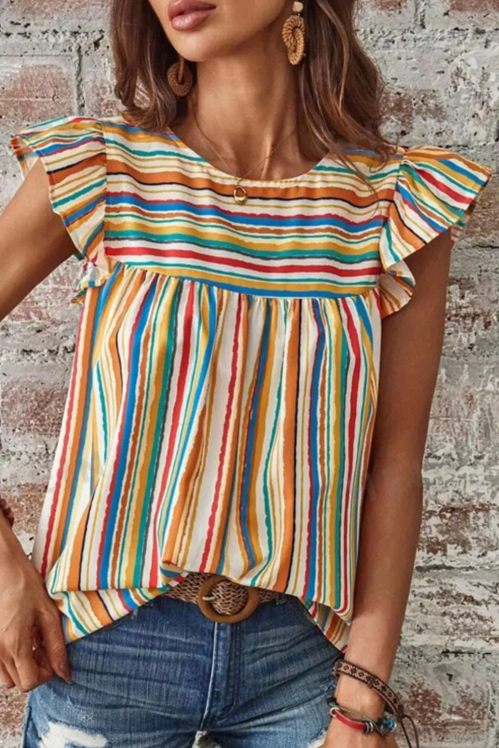 Multicolor Striped Flutter Sleeve Blouse