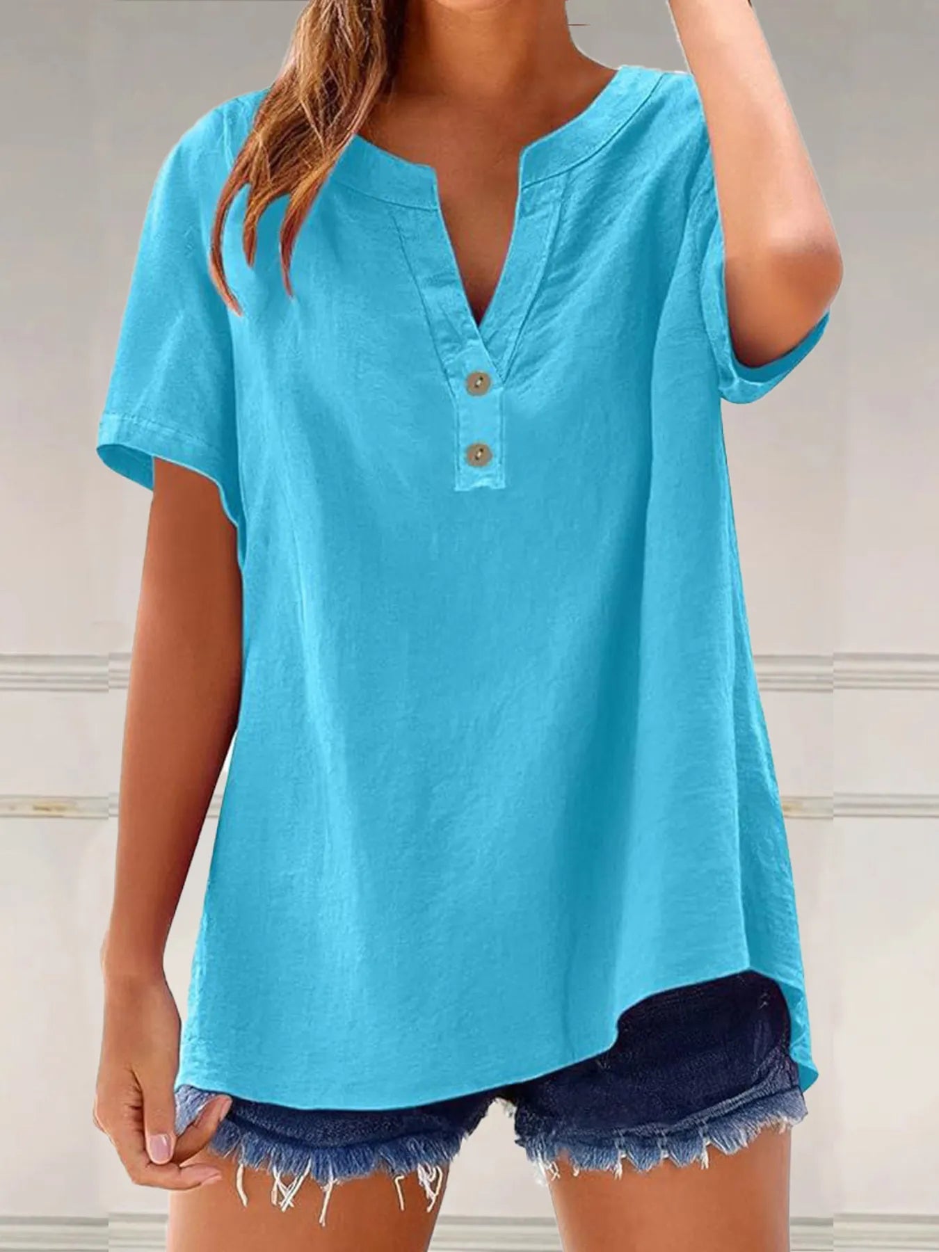 Full Size Notched Short Sleeve Blouse Plus Size
