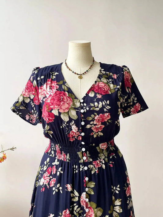 Plus Size Floral Print Short Sleeve V Neck Dress