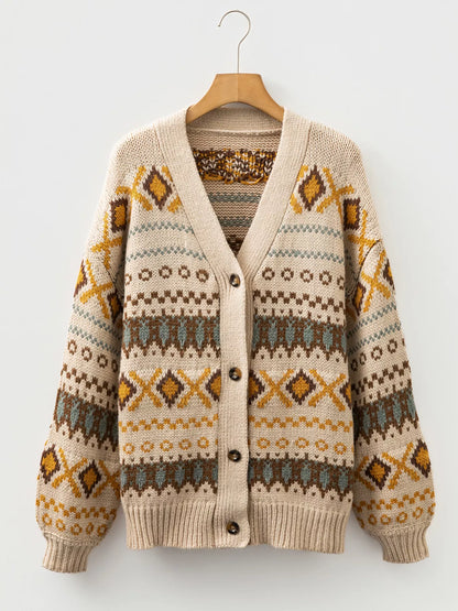 Western Pattern Knitted Button V Neck Cardigan Sweater