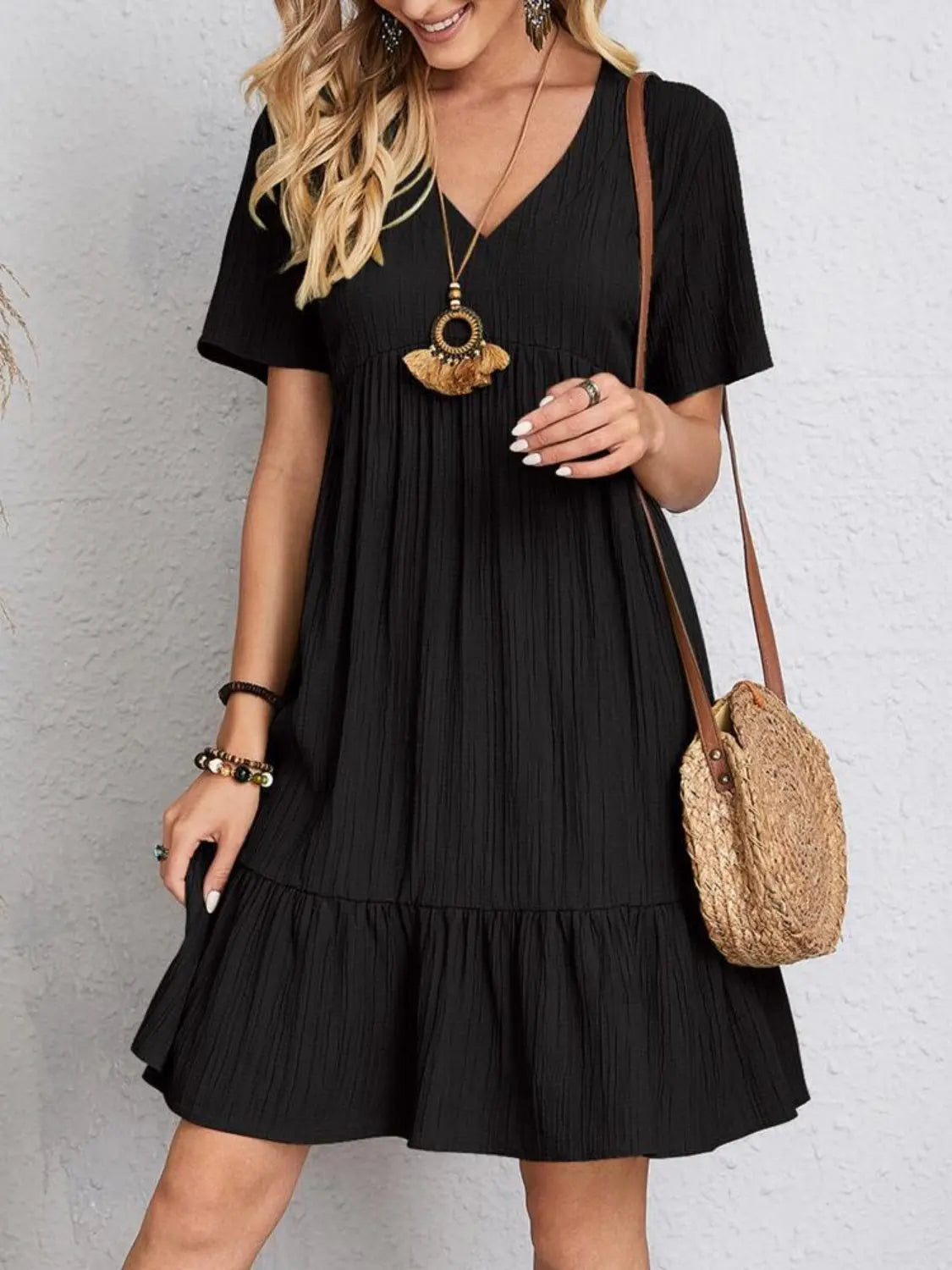 Boho Textured V-Neck Short Sleeve Babydoll Dress