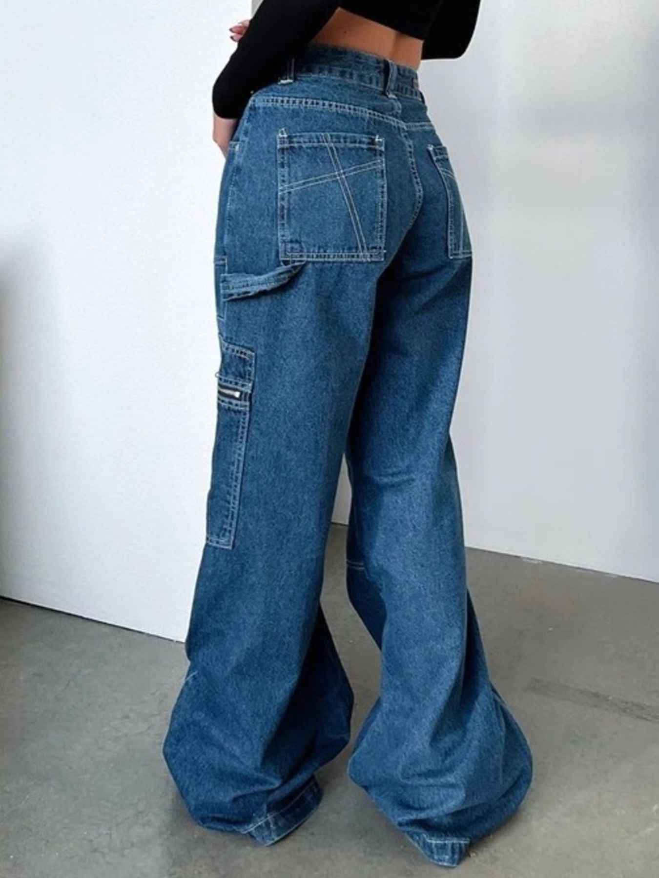 Zipper Pocket Wide Leg Cargo Jeans