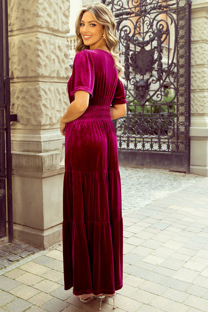 Velvet Short Sleeve Shirred Waist Tiered Dress