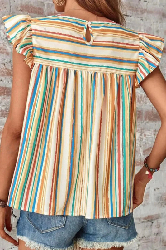 Multicolor Striped Flutter Sleeve Blouse
