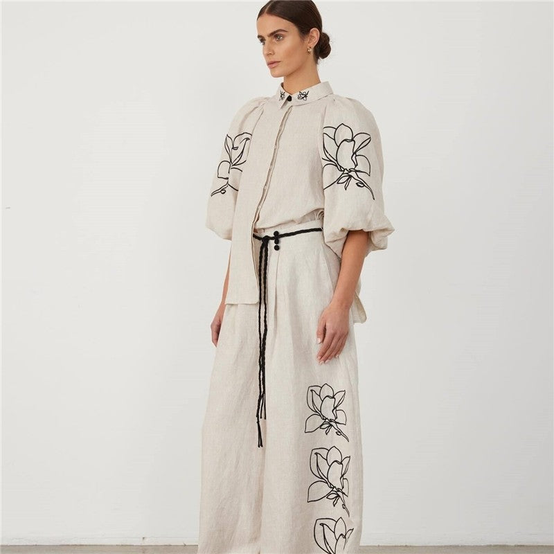 Printed Cotton Linen Wide-Leg Pants Set