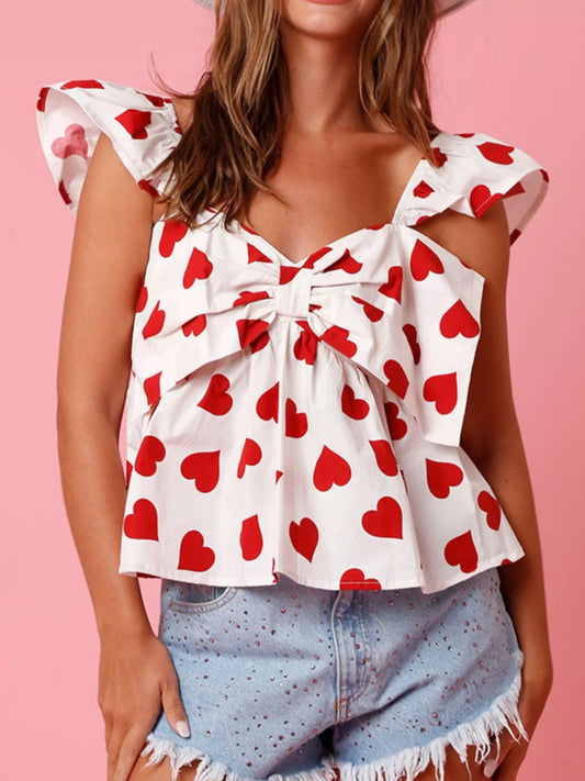Ruffled Heart Print Bow Front Camisole Top