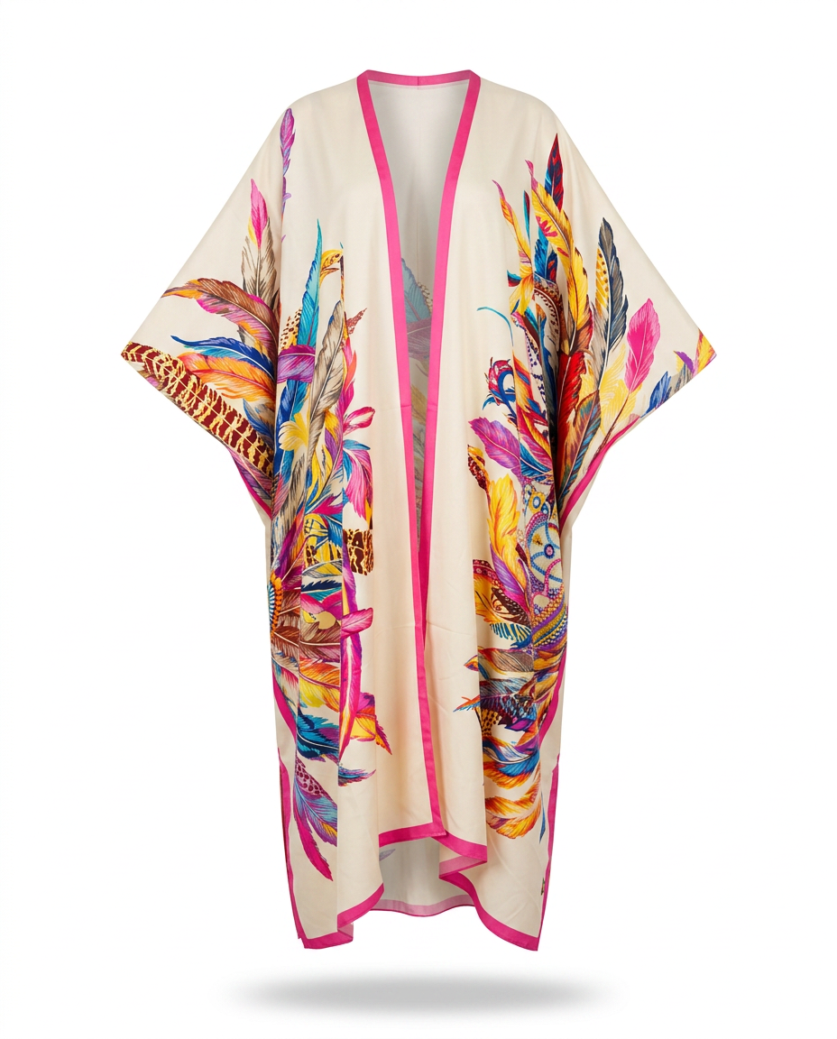 Vibrant Feather Print Kimono