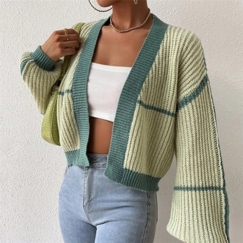 Knitted Short Cardigan With Exposed Navel And Color Collision