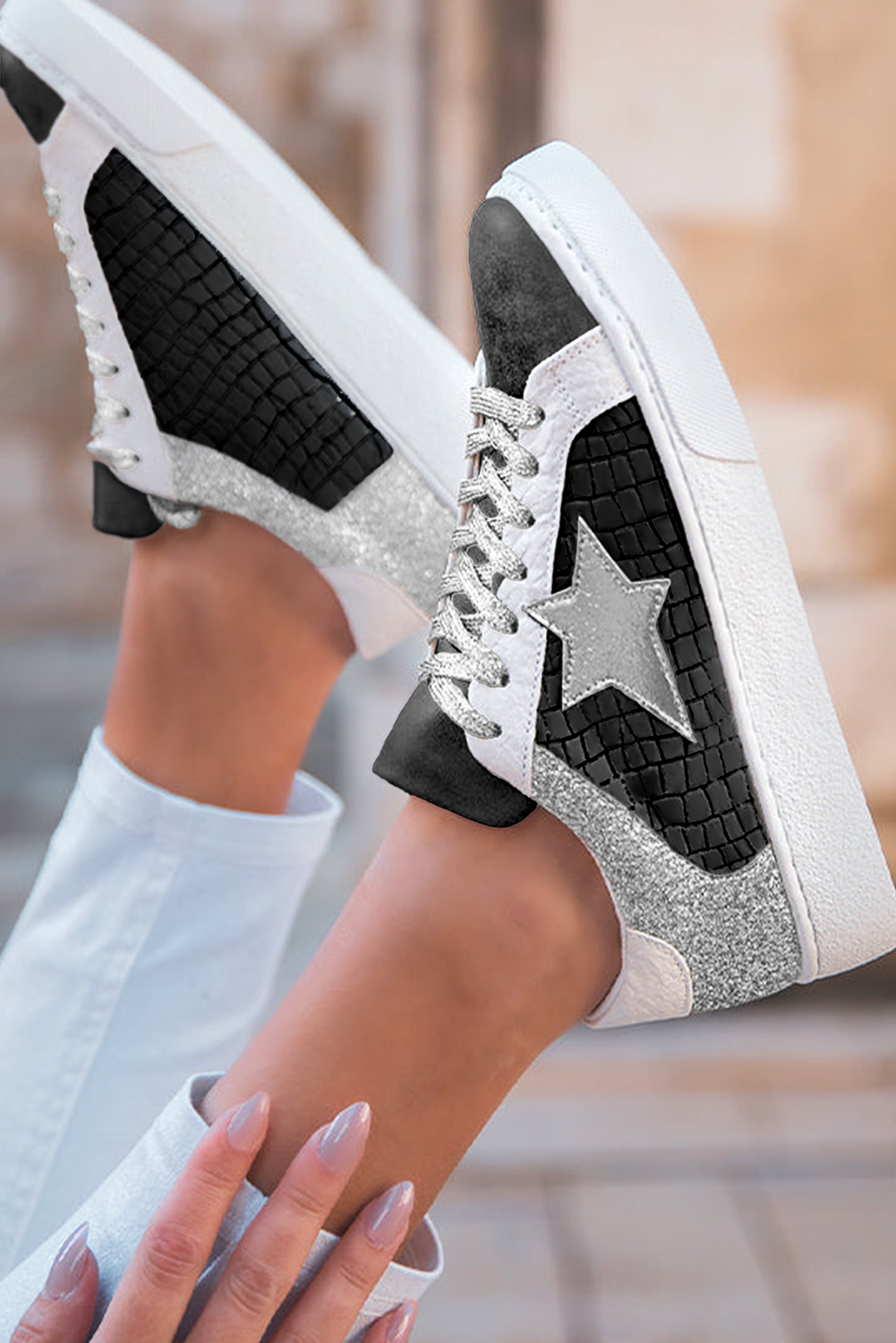 Gold Glitter Star Patchwork PU Leather Lace Up Sneakers