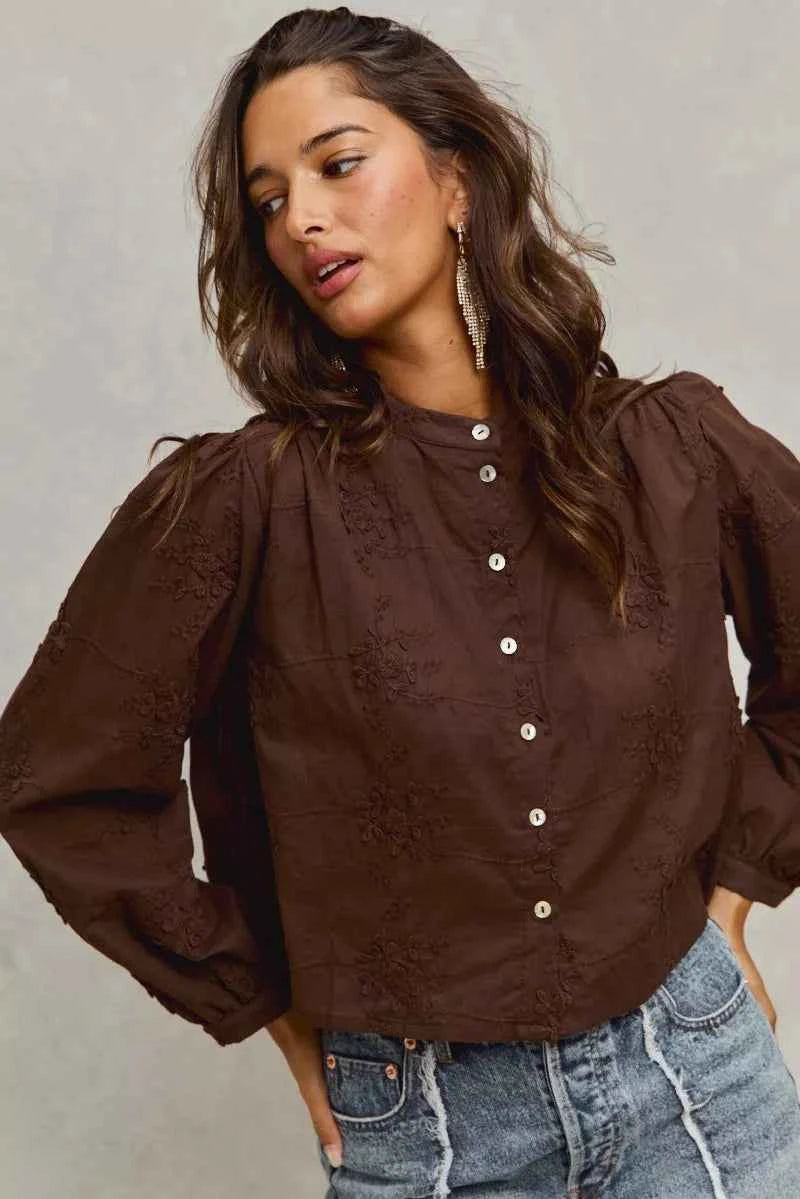 SO ME 3d Floral Woven Long Sleeve Front Button Shirt