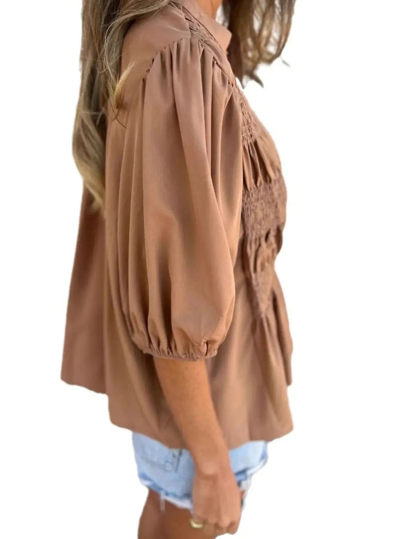 Full Size Red Smocked Button Puff Sleeve Blouse – Plus Size