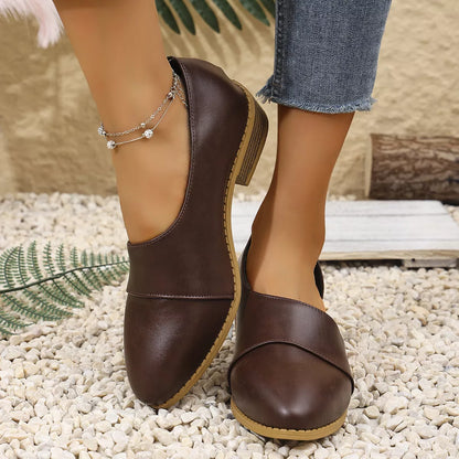 Point Toe Block Heels Loafers PU Leather Low Heel Shoes