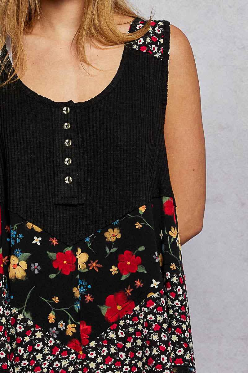 POL Round Neck Ribbed Tank with Woven Print Patch