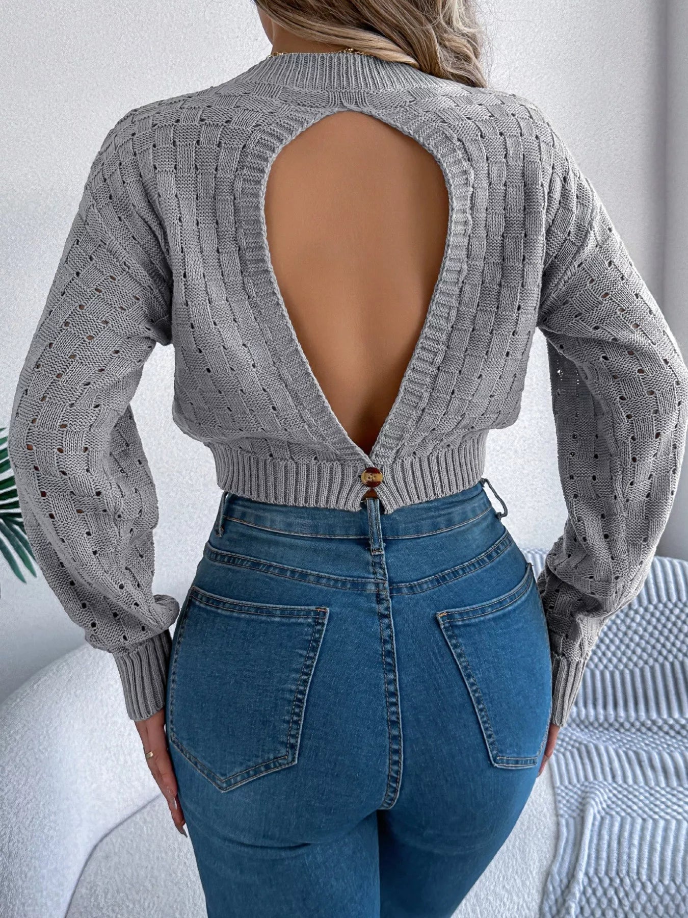 Round Neck Cutout Back Long Sleeve Openwork Sweater