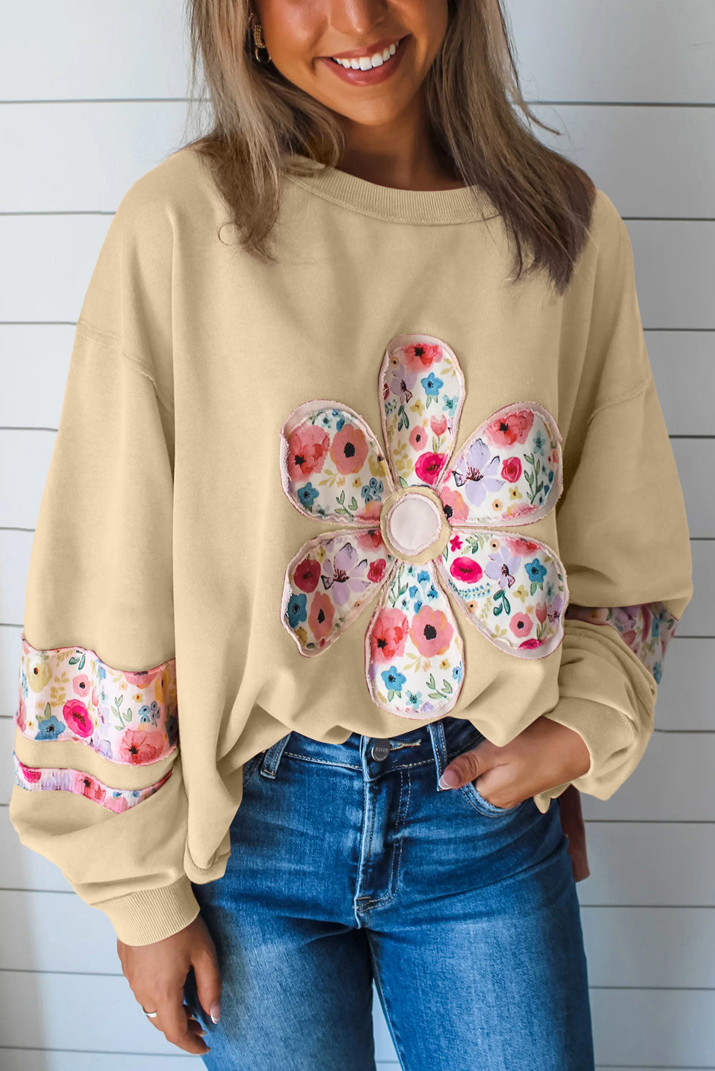 Pale Khaki Flower Applique Patchwork Drop Sleeve Pullover Sweatshirt