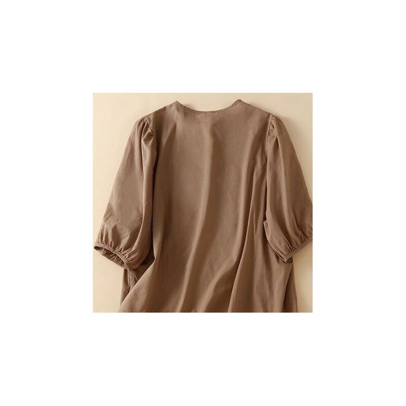 Embroidered Cotton Linen Loose Fit Round Neck Top