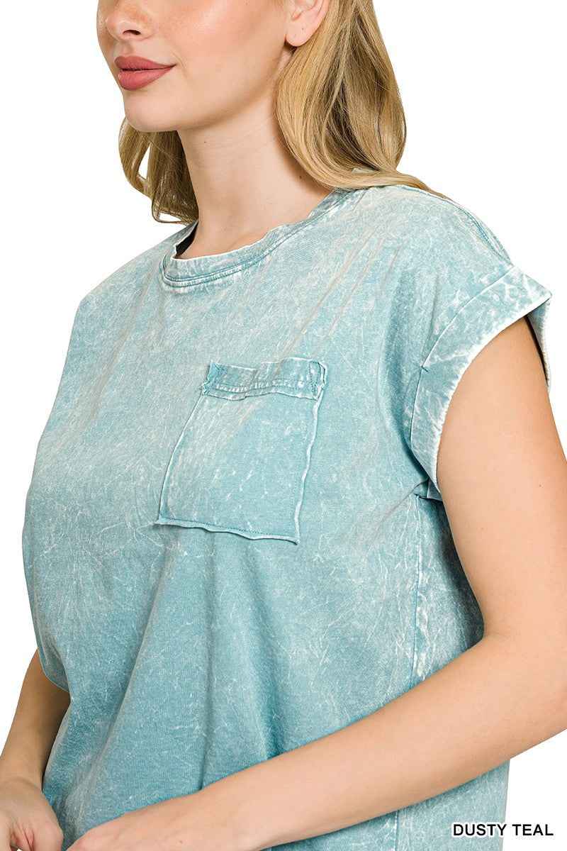 Zenana Full Size Crinkle Washed Round Neck Folded Short Sleeve Tee Plus Size