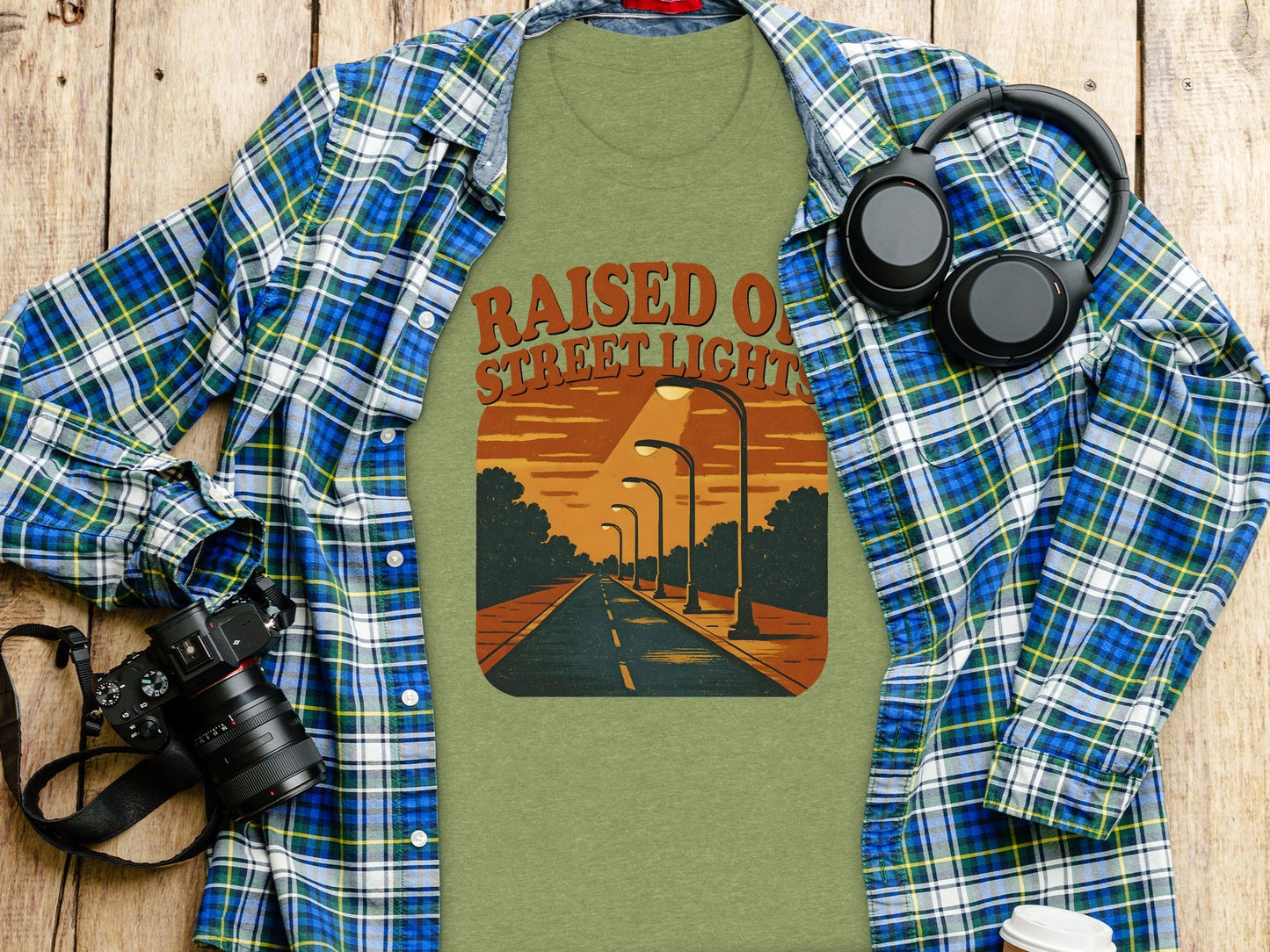 Raised On Street Lights Road Scene Graphic Design T-Shirt