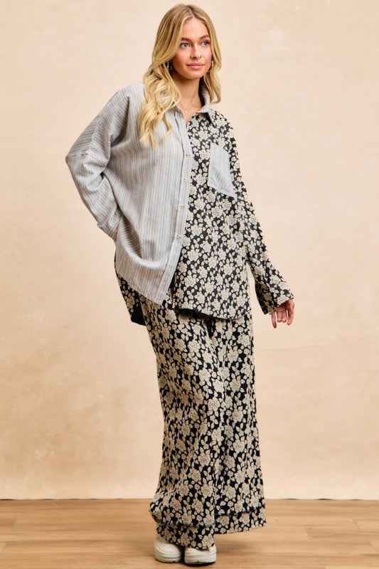 BiBi Stripes Jacquard Floral Mix And Match Shirt Top