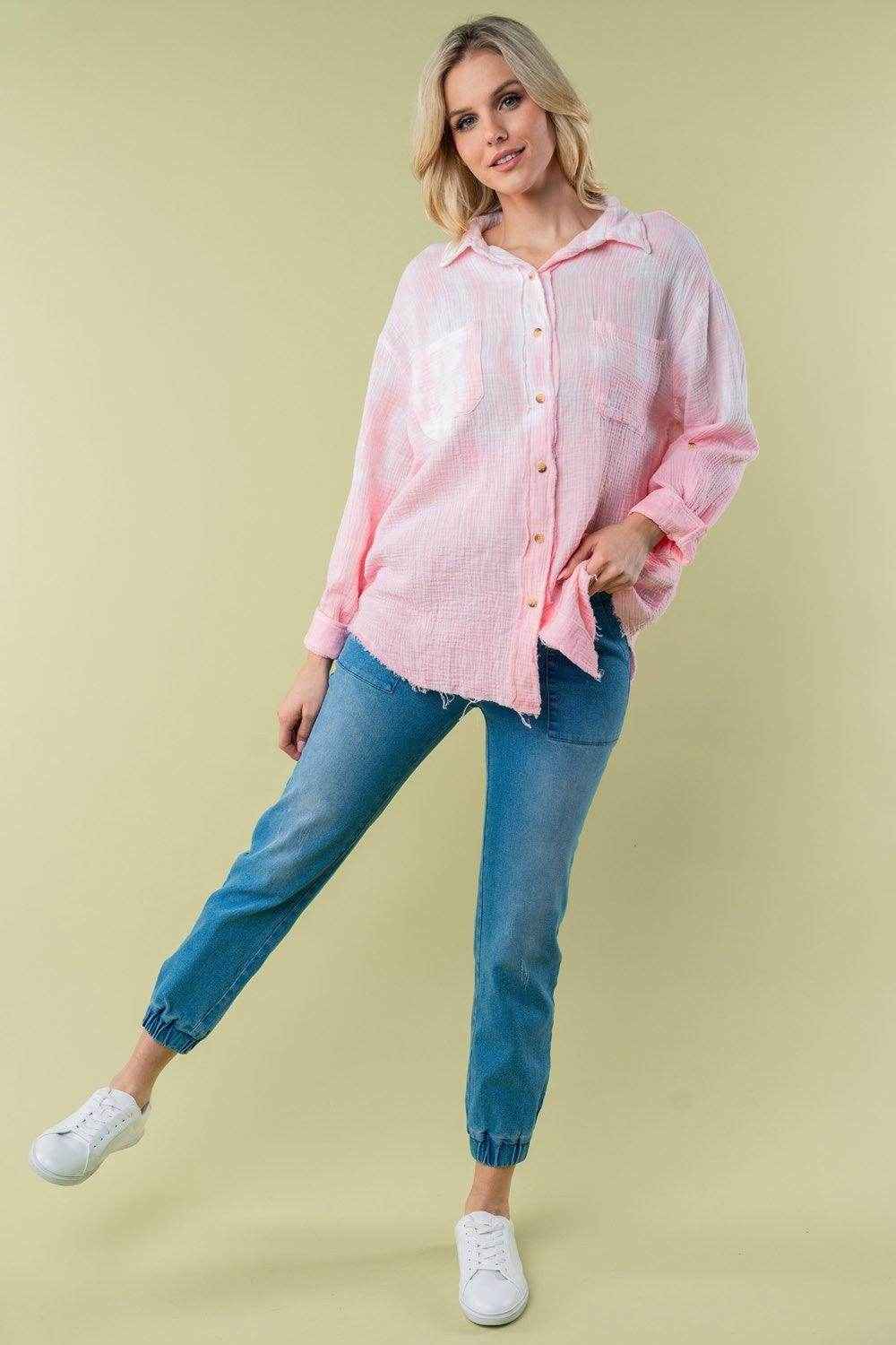 White Birch Full Size Long Sleeve Tie Dye Shirt for Women