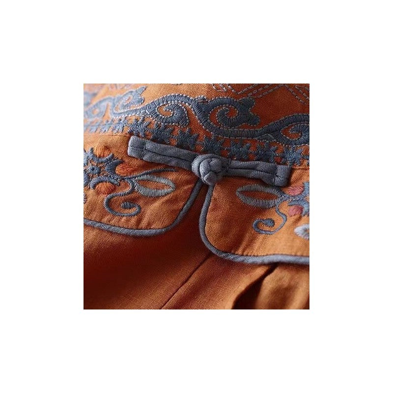 Embroidered Wide-Leg Cotton and Linen Pants