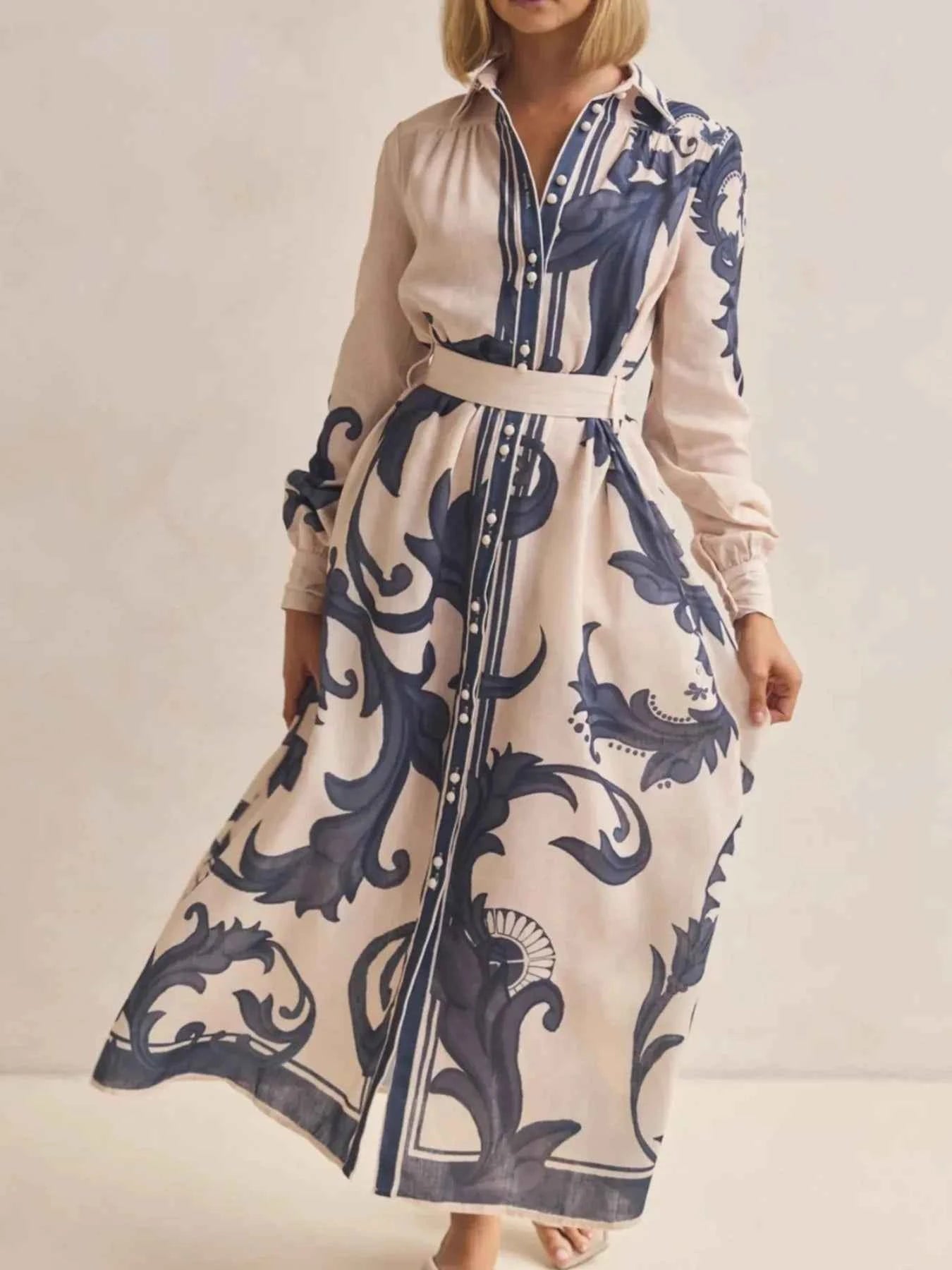 Printed Button Down Belted Shirt Dress
