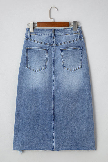 Myosotis Distressed Hem Denim Midi Skirt Irregular Look