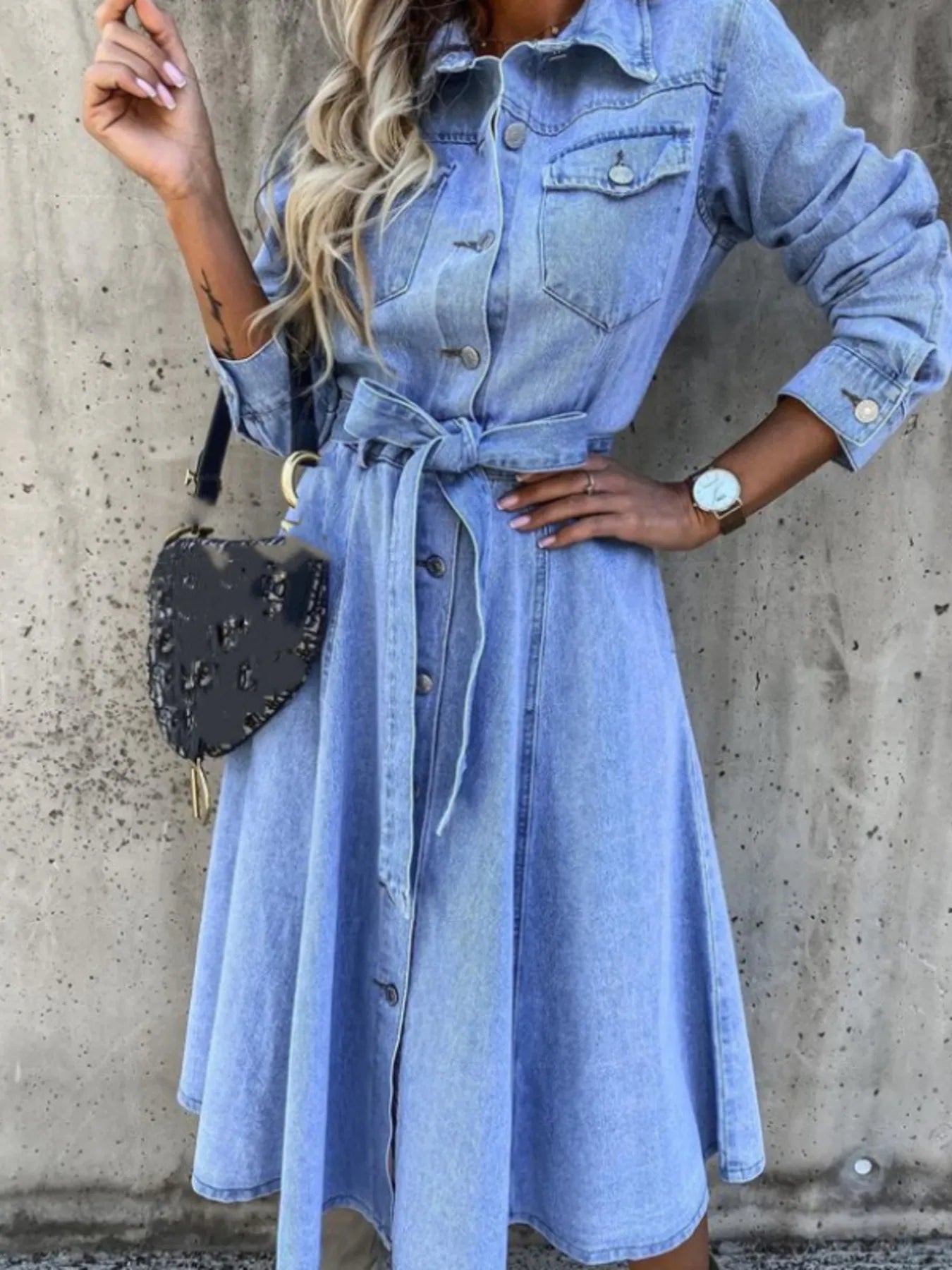 Denim Shirt Dress With Tie Waist Button Front