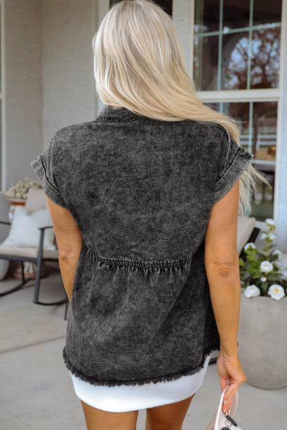 Distressed Black Denim Flap Pocket Button Up Raw Hem Shirt