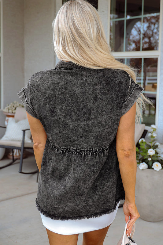 Distressed Black Denim Flap Pocket Button Up Raw Hem Shirt