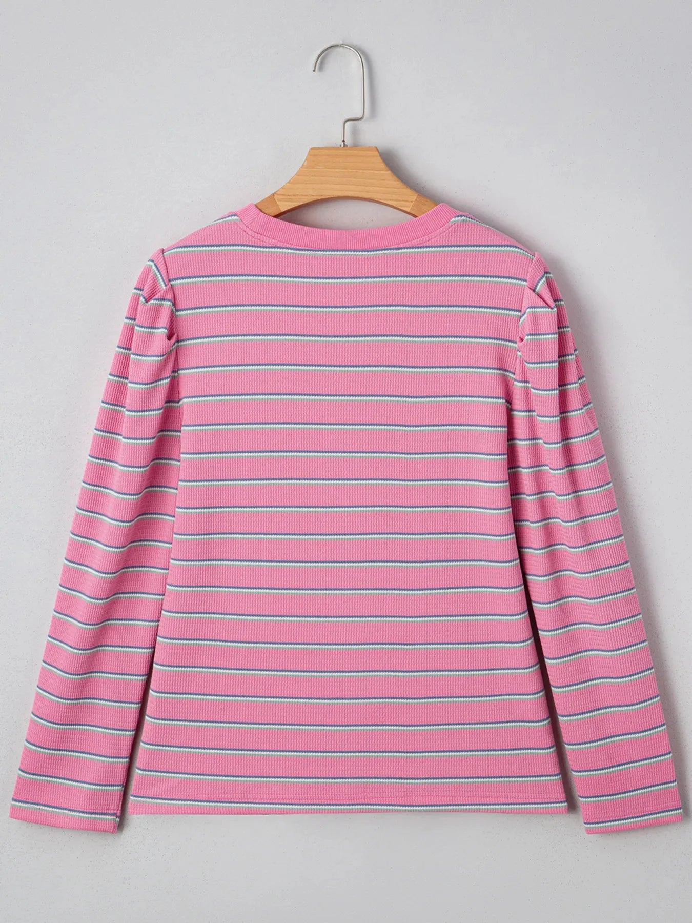 Striped Round Neck Textured Knit Long Sleeve Top