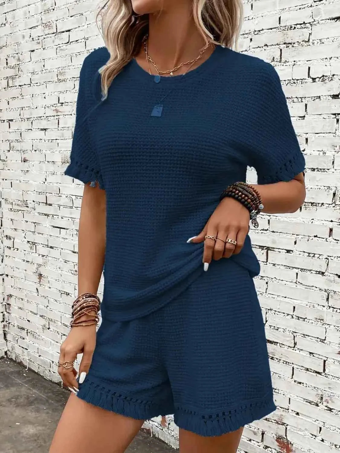 Tassel Round Neck Top and Shorts Set