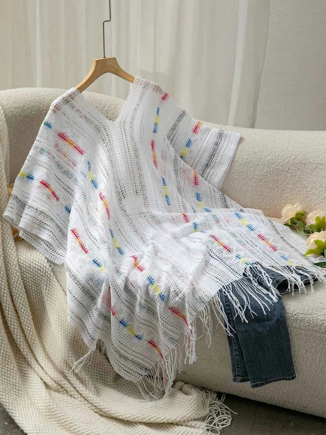 Openwork Fringe Open Front Knit Cape