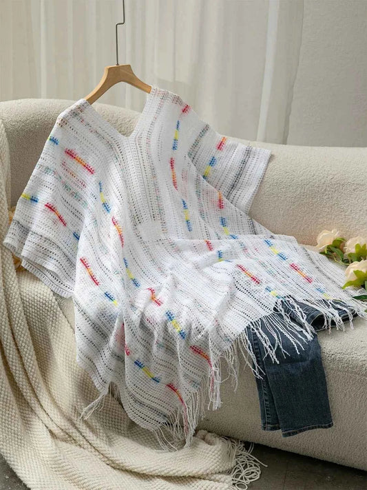 Openwork Fringe Open Front Knit Cape