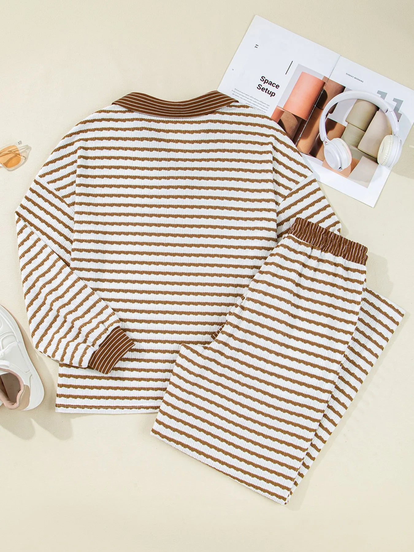 Stripe Collared Top and Drawstring Pant Loungewear Set