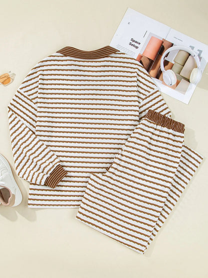 Stripe Collared Top and Drawstring Pant Loungewear Set